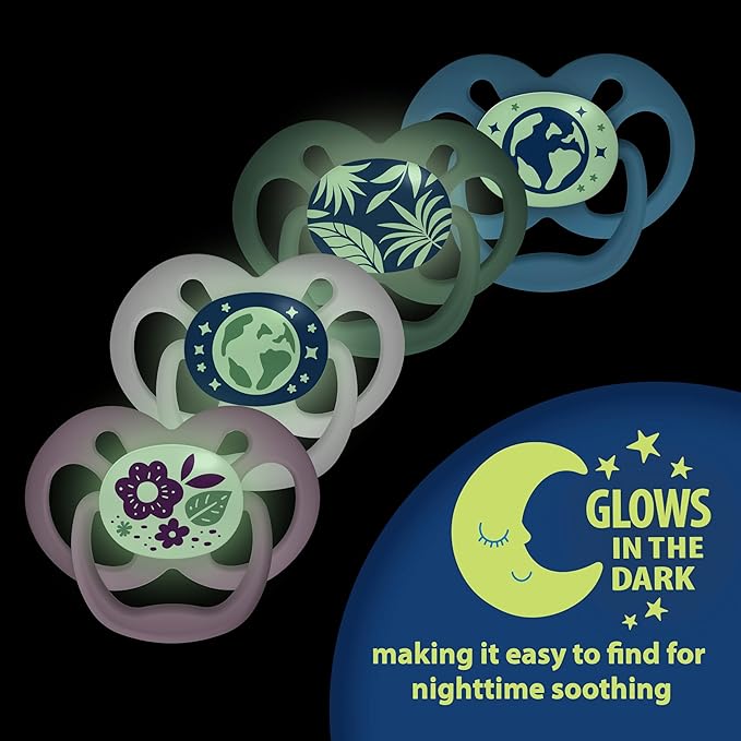 Dr. Brown's Advantage Glow-in-The-Dark Baby Pacifier, Fully Symmetrical Soother with Soft Silicone Bulb, Skateboard Snail-Blue Nature, 6-18m, BPA Free, 4 Pack