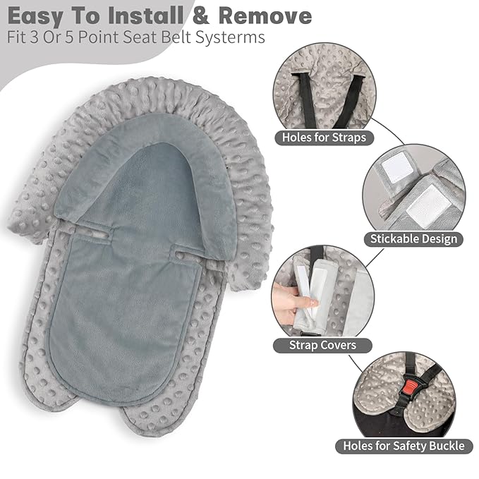 Infant Car Seat Insert, HNHUAMING Baby Car Seat Head & Body Support with 2 Straps Pads, Ultra Soft Newborn Preemie Carseat Insert Cushion for Girls Boys, Fits Car Seat, Stroller, Swing, Bouncer, Grey