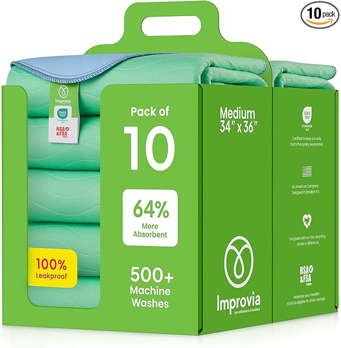 IMPROVIA® Washable Underpads, 34" x 36" (Pack of 10) - Heavy Absorbency Reusable Bedwetting Incontinence Pads for Kids, Adults, Elderly, and Pets Waterproof Protective Pad for Bed, Couch, Sofa, Floor