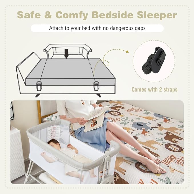 BABY JOY Bassinet Bedside Sleeper, Easy Folding Baby Crib w/All-Side Mesh, Storage Shelf, 7 Adjustable Heights, Mattress & Travel Bag for Safe Co-Sleeping, Portable Baby Bed for Newborn Infant -Gray