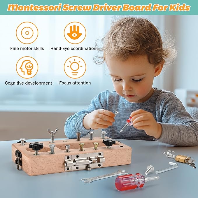 Montessori Toys for 3 4 5 Year Old with Lock and Key, Wooden Sensory Toddler Screwd Tool Set, Montessori Screwdriver Board Set, Fine Motor Skills Toys for Educational Preschool Gift for Boys