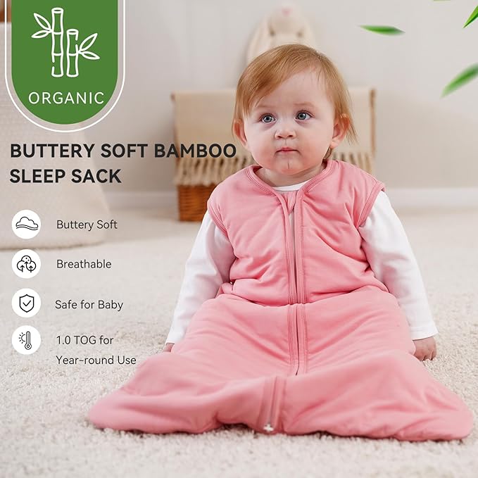 Rayon Made From Bamboo Baby Sleep Sack, SuperSoft 12-18 Months 1.0 Tog Baby Wearable Blanket, Sleeping Sack for Toddler Infant with 2-Way Zipper, Lightweight & Roomy, Pink