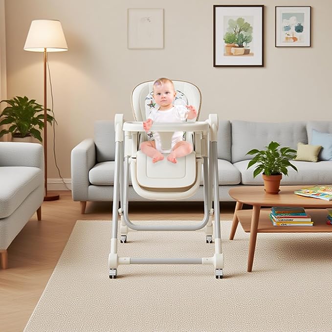 Baby High Chair,High Chairs for Babies and Toddlers,Adjustable 2-in-1 Baby High Chair,Portable Highchair for 1+ Years/Detachable PU Cushion/Locking Wheels KKK