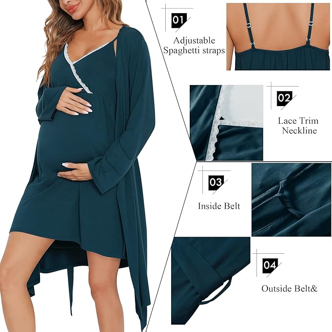 SWOMOG Womens Maternity Robe 2 Piece Nursing Nightgown for Breastfeeding 3 in 1 Labor Delivery Nursing Dress Lace Bathrobe