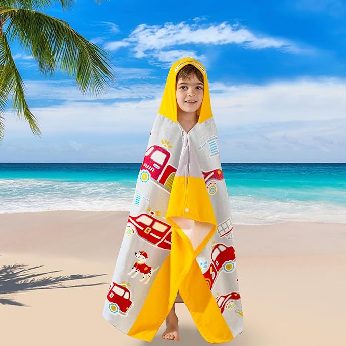 VOOVA & MOVAS Kids Bath Towels for Boys, Ages 3-10, 30''X50, | Soft Thick Absorbent Cotton, Beach | Pool | Bath Hooded Towels, Yellow Fire Truck