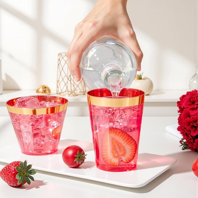 supernal 100 Pcs Red Plastic Cups - 10 Oz Clear Disposable Cups with Gold Trim,Clear Red Plastic Cocktail Glasses Perfect for Weddings,Birthday,Parties & Elegant Events,Disposable Party Cup