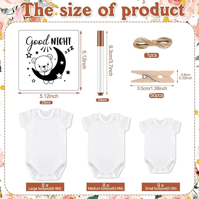 Panitay 126 Pcs Baby Shower DIY Bodysuit Set Rustic Kraft Baby Shower Game Sign DIY Bib 25 Blank White Newborn Bodysuit 25 Stencils 24 Marker 1 Sign 50 Pins for Gender Reveal(Floral)