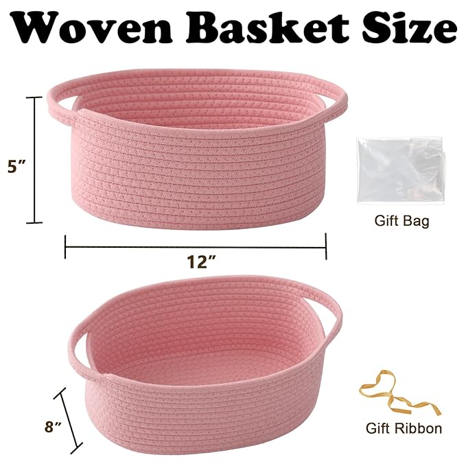 Gift Basket with Gift Bag and Ribbons,Small Rope Woven Shelf Storage,Baskets for Gifts Empty,Birthday,Shower,Decorative Organizer Box for Cat Dog Pet with Handles(Pink)