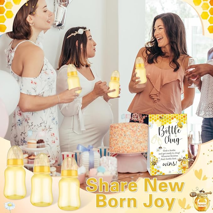 TrelaCo Bottle Chug Baby Shower Game 20 Pcs Baby Bottles Shower Favor with 1 Bee Theme Sign for Gender Reveal Party Supplies Gifts(Yellow)