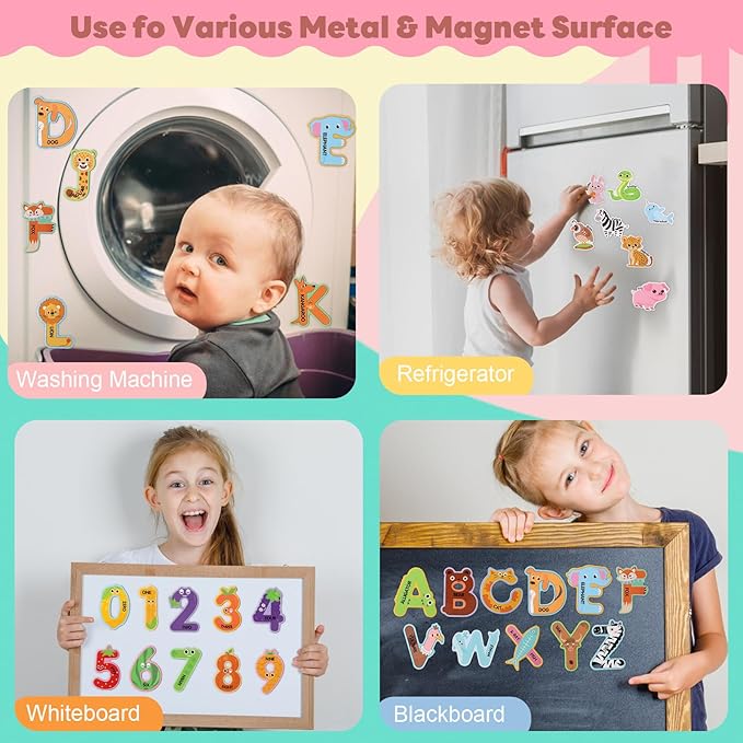 52PCS Fridge Magnets for Kids – 26 Cute Animal Magnets & 26 Magnetic Alphabet Letters, for Toddlers Preschool Fun Educational Learning