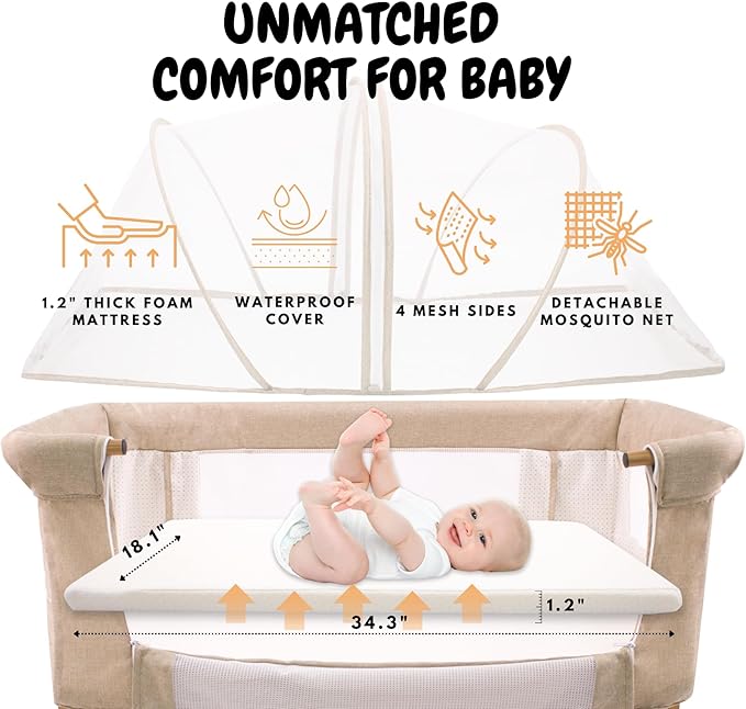Baby Bassinet Bedside Sleeper 2 in 1 with Wheels, Arms Reach Co Sleeper with Mattress, Incline Option, 6 Adjustable Heights for Newborn to 6 Months Infant