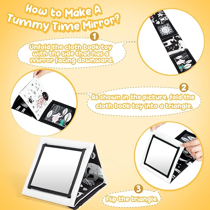 URMYWO Tummy Time Mirror Toys, High Contrast Black and White Baby Toys for Newborn, Baby Boy Girl Gifts, Visual Stimulation Learning Activity Cards, Soft Baby Book, Montessori Infant Toys 0-12 Months