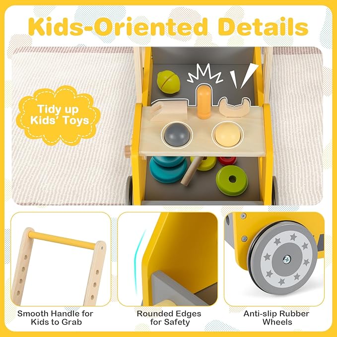 HONEY JOY Baby Push Walker, Adjustable Speed Baby Walker, Wooden Toy Tool Bench & Car Walker w/Shape Sorter, Develop Motor Skills & Creativity, Push Toys for Babies Learning to Walk, Gift, Yellow