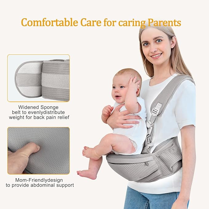 Baby Hip Carrier - Hip Carrier for Baby with Baby Safety Strap - Toddler Carrier 7-45 lbs - Ergonomic Infant Holder Baby Carrier with Hip Seat Large Capacity Pockets(Light Grey)
