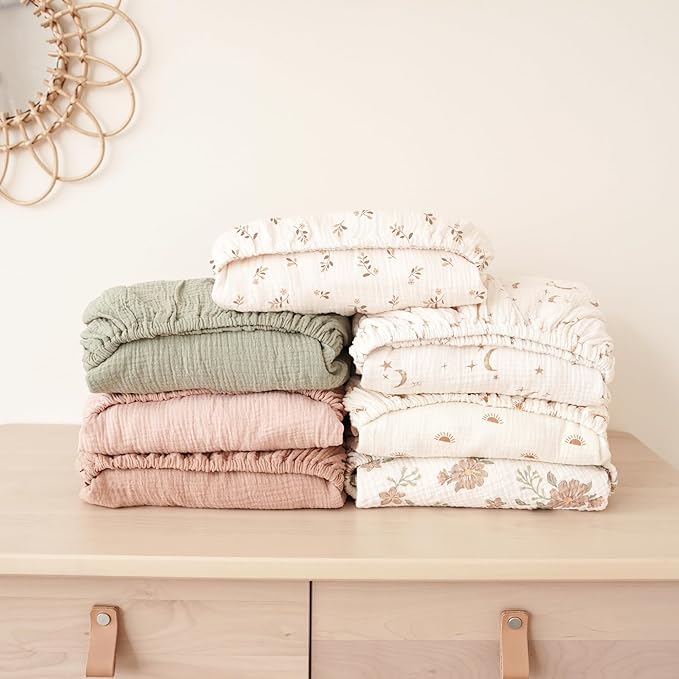 Konssy Muslin Crib Sheets for Girl Boy, 2 PCS Soft and Breathable Cotton Baby Sheets for Standard Crib Mattress, 52"x 28" (Pink Sun,Khaki Leaf)