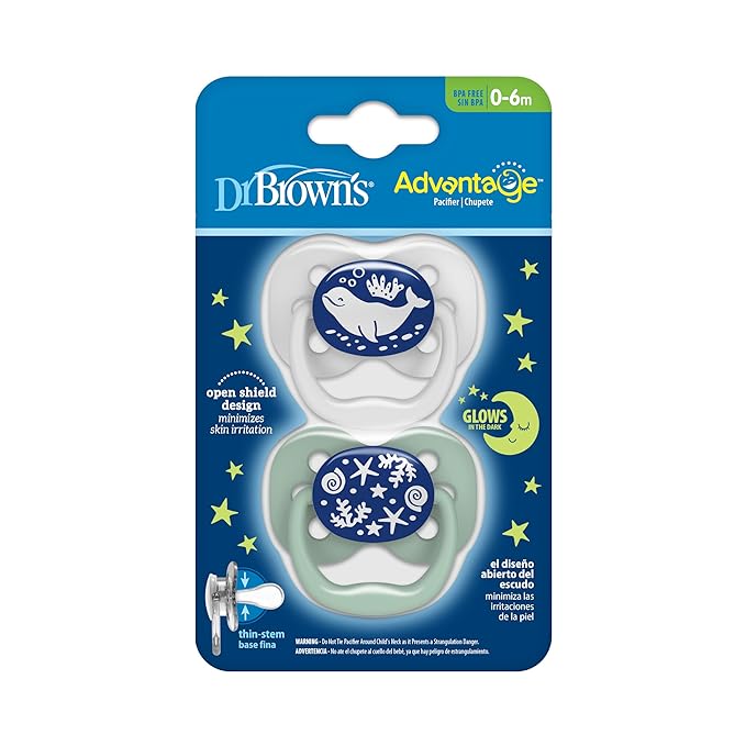 Dr. Brown's Advantage Glow-in-the-Dark Baby Pacifier, Fully Symmetrical Soother with Soft Silicone Bulb, Blue Ocean, 0-6m, BPA Free, 2 Pack