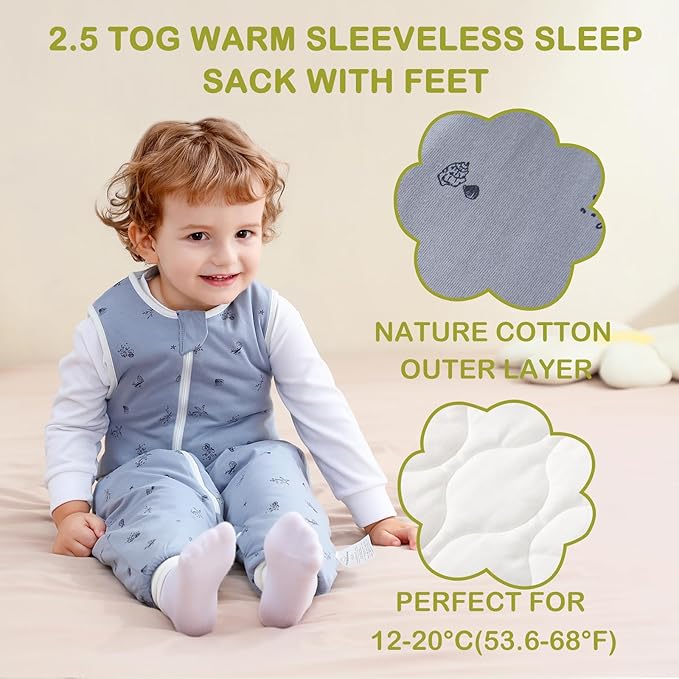 Super Soft Winter 2.5 TOG Sleep Sack with Feet, 100% Organic Cotton Warm Toddler Sleeping Sack with Legs, Ocean, Size L
