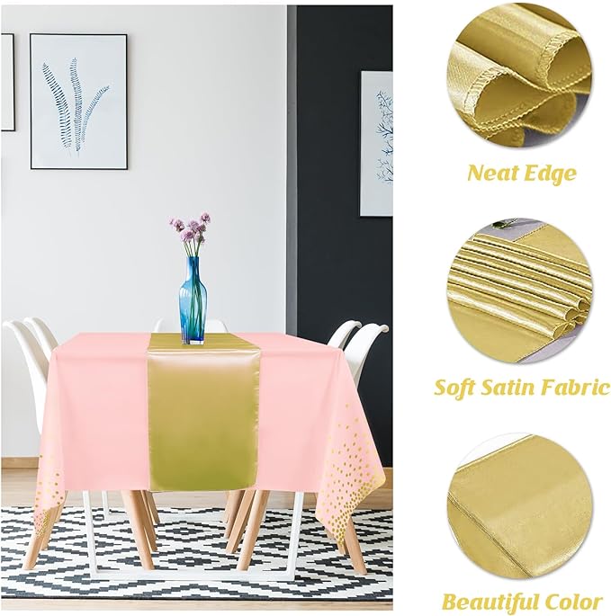 8Pack Disposable Plastic Tablecloths and Satin Table Runner Set Pink and Gold Dot Tablecloth Gold Satin Table Runner for Wedding Birthday Baby Shower Anniversary Christmas New Year Party Supplies