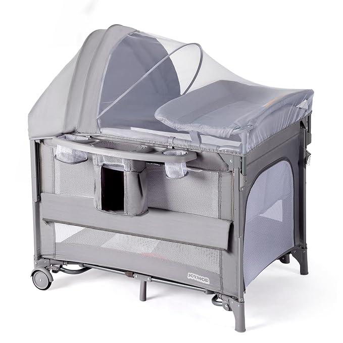 JOYMOR 9 in 1 Bedside Bassinet with Changing Table, Pack and Play with Bassinet, Convert to Rocking Baby Bed with Electric Music Center, Mosquito Net, Toy, Storage, Gray
