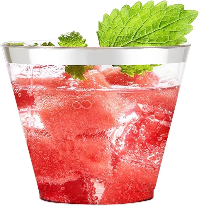 WDF 60 PACK Sliver Plastic Cups Disposable - 9 Oz Clear Plastic Cups with Silver Rim, Premium Disposable Party Cup for Christmas, Holiday Gathering, Wedding, Party