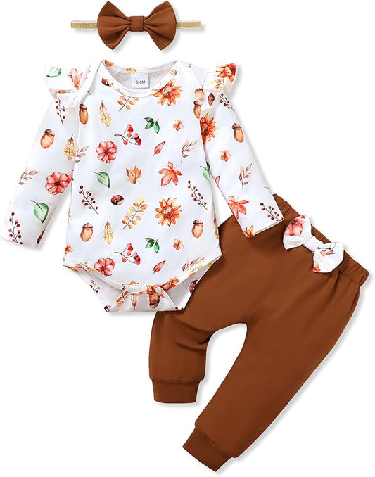 YALLET Baby Girl Clothes Newborn Infant Girl Outfits Floral Romper+Pants+Headband Fall Baby Layettes for Clothing 0-18 Months