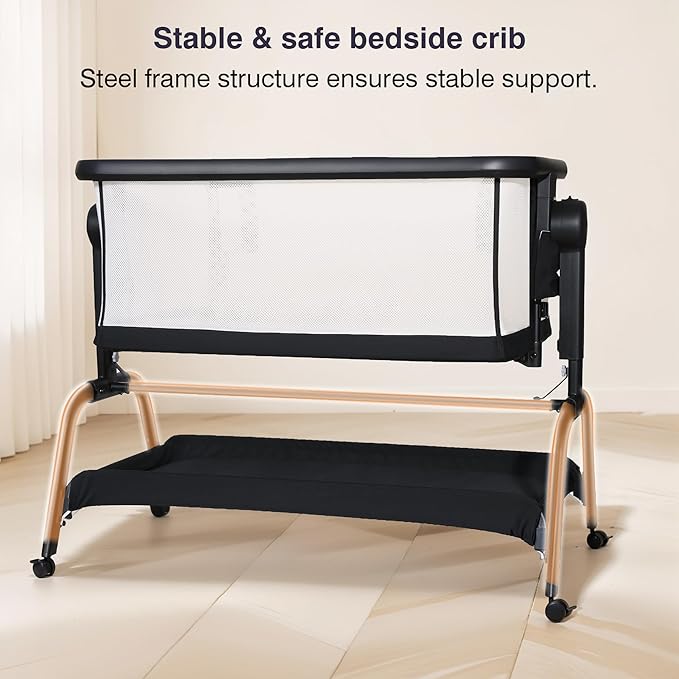 Bedside Cribs 3 in 1 Baby Bassinet Bedside Sleeper with Adjustable Height Easy Folding Portable Crib Comfy Mattress and Wheels - Black