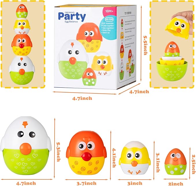 4 PCS Nesting Stacking Easter Eggs for Kids and Toddler, Easter Egg Balance Toys for Easter Party Favors Gifts, Goodie Bag Stuffers, Color Shape Matching Learning Sensory Toys for Baby Boys and Girls