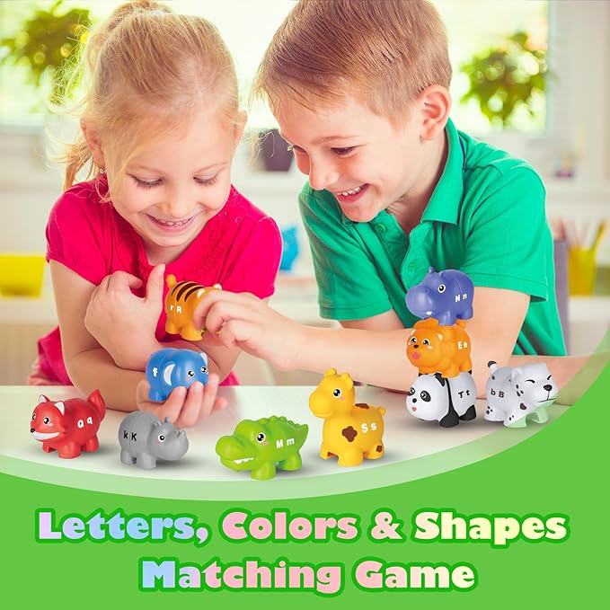 52PCS Animal Alphabet Learning Toys for Toddlers 2-4, 10 Different Animal Figures, Montessori Educational Toys Gifts for Boy Girl, Preschool Learning Activities, Double Sided ABC Matching Game 