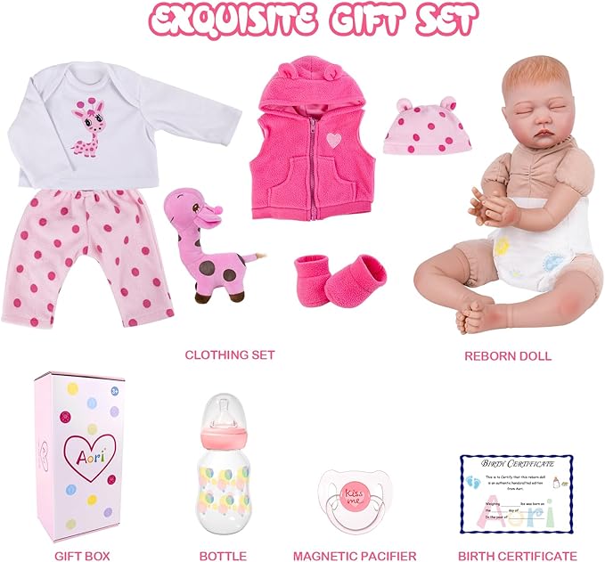 Aori Lifelike Reborn Baby Dolls - 22 Inches Realistic Newborn Girl Doll That Look Real with Feeding Kit & Gift Box for Kids 3+