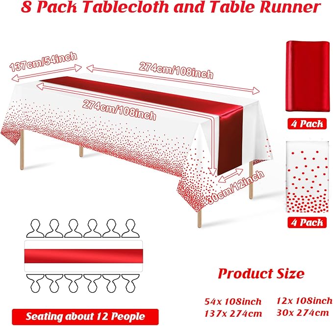8Pack Disposable Plastic Tablecloths and Satin Table Runner Set White and Red Dot Tablecloth Red Satin Table Runner for Wedding Birthday Baby Shower Anniversary Christmas New Year Party Supplies