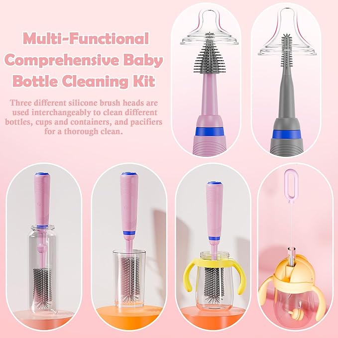 Electric Bottle Brush with Stand and Extendable Handle,Silicone Bottle Brush Set with Water Bottle/Nipple/Straw Brush,Easy-Grip Silicone Handle,Waterproof/Rechargeable Brush, Pink