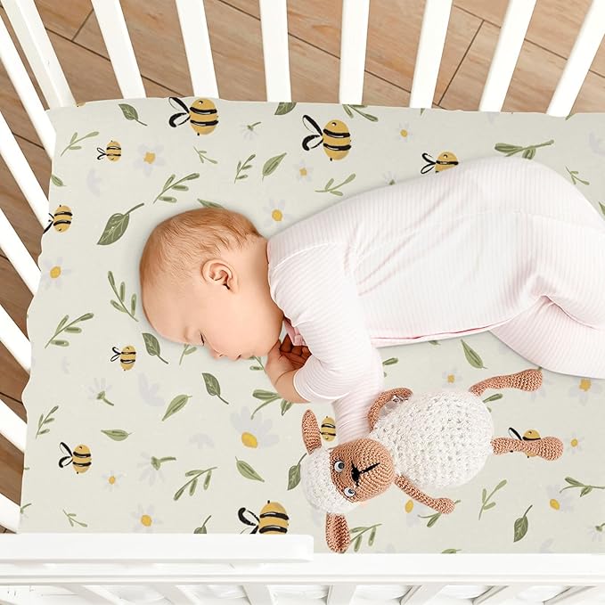 Baby Crib Sheets Bee Honey Crib Sheets for Boys Girls,Neutral Bassinet Toddler Bed Play Sheets Breathable Soft and Portable 52 * 28 * 9in