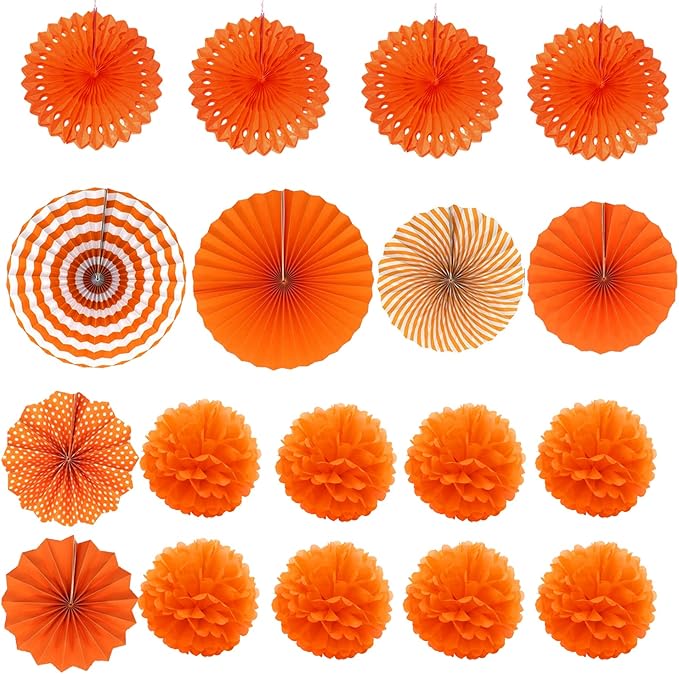 ZERODECO Party Decoration, 21 Pcs Orange Hanging Paper Fans Pom Poms Flowers, Garlands String Polka Dot and Triangle Bunting Flags for Minnie Mouse Birthday Parties Baby Showers Wedding