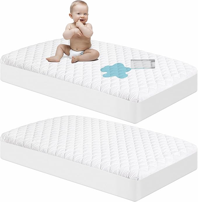 NTBAY 2 Pack Waterproof Mini Crib Mattress Protector, Quilted 24"x38" Fitted Mattress Cover - Machine Washable - Soft and Breathable Baby Mattress Pad Sheet for Mini Crib and Baby Playards, White