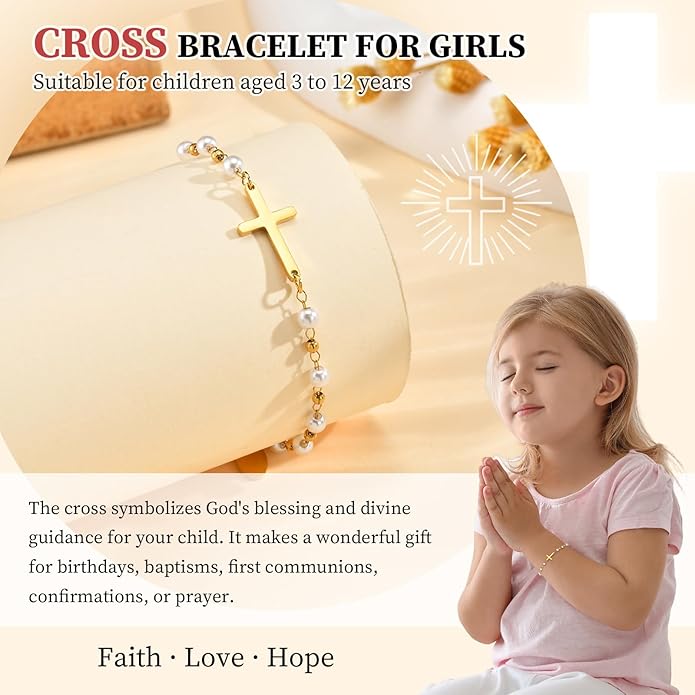 Baby Baptism Cross Bracelet Gift : 18k Gold Plated/Silver Delicate Pearl Cross Bracelets Kids Daughter Granddaughter Birthday First Communion Confirmation Gifts Christian Jewelry for Boys Girls
