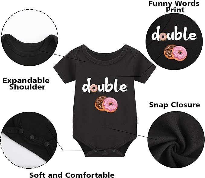 YSCULBUTOL Baby Twins Bodysuits Funny Double Trouble Cute Girl Romper Twin Jumpsuits Hat Set