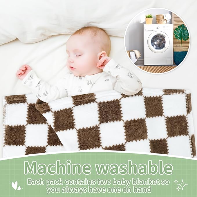 Checkered Baby Blanket for Boys Girls, 2 Pack Soft Baby Boy Girl Blankets, Small 28 x 40 inches Toddler Fleece Blanket, Essentials Crib Stroller Items, Newborn Gift (Coffee)