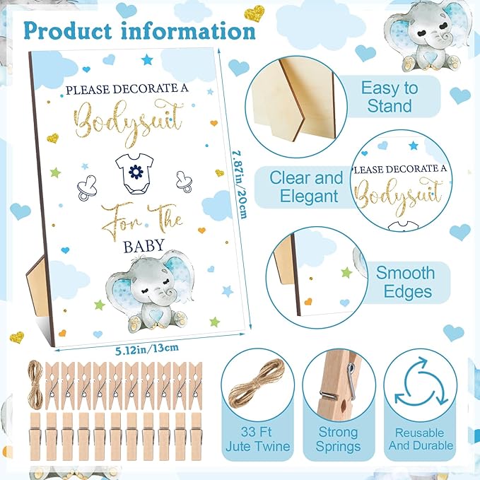 Panitay 126 Pcs Baby Shower DIY Bodysuit Set Rustic Kraft Baby Shower Game Sign DIY Bib 25 Blank White Newborn Bodysuit 25 Stencils 24 Marker 1 Sign 50 Pins for Gender Reveal(Blue Elephant)