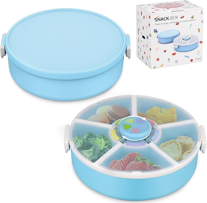 Kids' Rotating Snack Container Set – 2-Pack, Includes 1 Rotating Snack Container & 1 Round Sectioned Snack Box, BPA-Free, Dishwasher Safe, Perfect for Travel-Blue