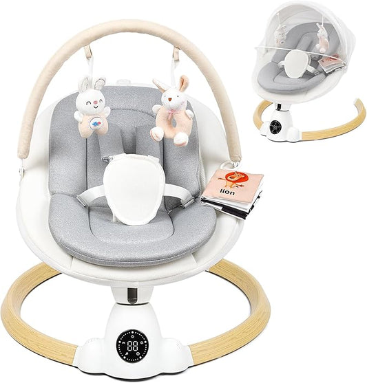 Baby Swing for Infants, Portable Electric Baby Swings with Bluetooth, 5 Swing Speed, 10 Lullabies, 5-Point Harness, Remote Control & Touch Panel - Infant Swing for Indoor & Outdoor Use, Wood Grain
