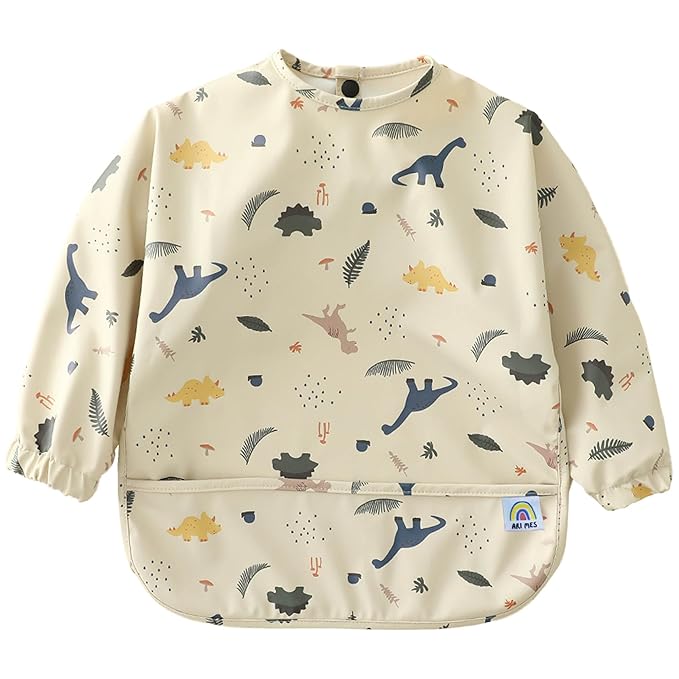 ARI MES Long Sleeves Waterproof Baby Bibs for Eating - Dinosaur, Medium- Wearable, Coverall for Toddler, Long Sleeve Bib, Smock Apron for Feeding - Applicable for 6-72 Months