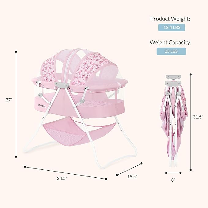 Dream On Me Karley Bassinet in Pink, Lightweight Portable Baby Bassinet, Quick Fold and Easy to Carry, Adjustable Double Canopy, Indoor and Outdoor Bassinet with Large Storage Basket.