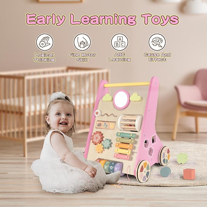 LOL-FUN Wooden Baby Walker With Wheels for Girls 12 Months - Pink Push Toy for 1 Year Old Walking
