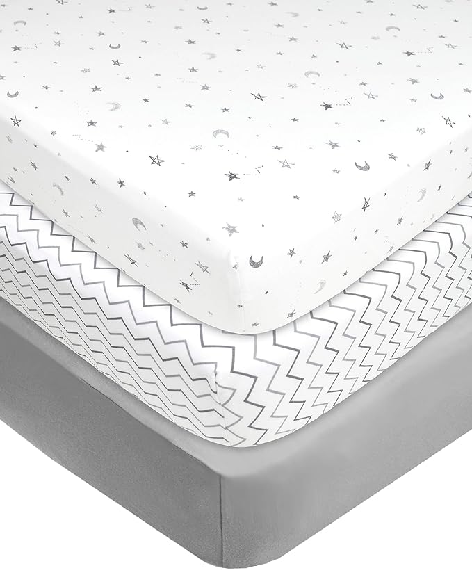 American Baby Company 3 Pack 100% Natural Cotton Fitted Crib Sheets 52" x 28" - Soft, Breathable, Hypoallergenic & Gentle Toddler Bed Sheets, Grey Star/Zigzag, Neutral for Boys & Girls