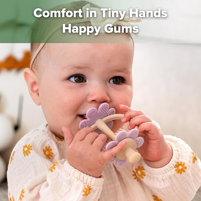 haakaa Silicone Twin Flower Teether,Nipple-Shaped End for Gum Massage,360Β° Baby Toothbrush Head for Self-Brushing Training,Easy to Grip - Lavender
