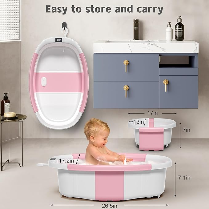 Collapsible Baby Bathtub for Newborn to Toddler 0-36 Months,Extra Large Foldable Infant Bath Tub with Thermometer,Cushion & Drain Hole,Portable Travel Tub, Baby Shower Gift Pink