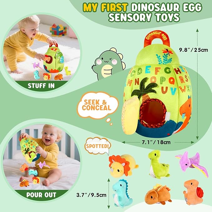Baby Toys 6-12 Months - Soft Dinosaur Toy with Rattle, Crinkle Paper, Squeaker, Mirror - Baby Sensory Toys for 6 Month Old Developmental, Baby Montessori Toys for 1 Year Old Boy Girl Gifts