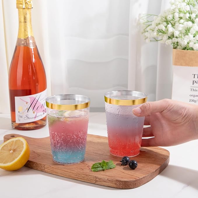 supernal 200pcs 12oz Gold Plastic Cups,Disposabe Cup For Party,Plastic Cocktail Glasses, Clear Tumblers with Gold,Wedding Cups Disposable