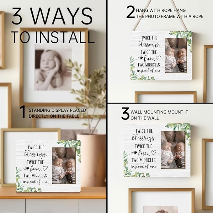 JioJio Chan Twins Picture Frame - 4 x 6 Inch Photo - Twice The Blessings Twice The Fun Twins Baby Items Gift For Boy girls Babies Mom Pregnancy Announcement Birthday Christmas