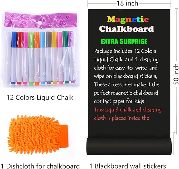 Magnetic Chalkboard Contact Paper 50"x18" Self Adhesive Magnet Wall Board Sticker with 12 Color Liquid Chalk for Kid, Black Chalk Board Wallpaper Roll Alternative to Magnetic Blackboard Paint